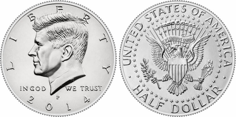 2014 Kennedy half dollar obverse and reverse showing 50th anniversary design