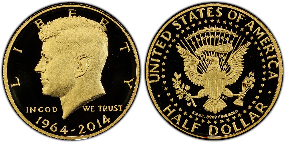 Side-by-side comparison of standard 2014-P clad Kennedy half dollar versus the 2014-W Gold Kennedy half dollar