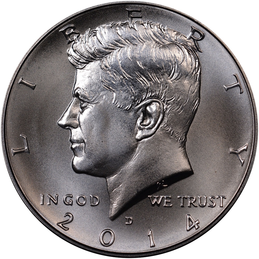 2014 Kennedy half dollar doubled die obverse close-up showing doubling in LIBERTY lettering under magnification