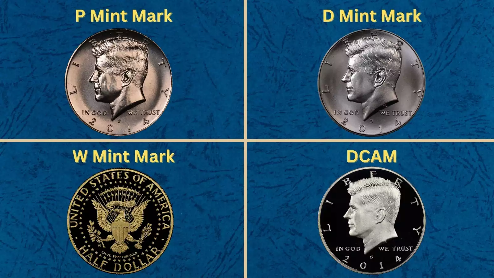 Group shot of 2014 Kennedy half dollar specimens from all four mints showing variety of finishes and compositions